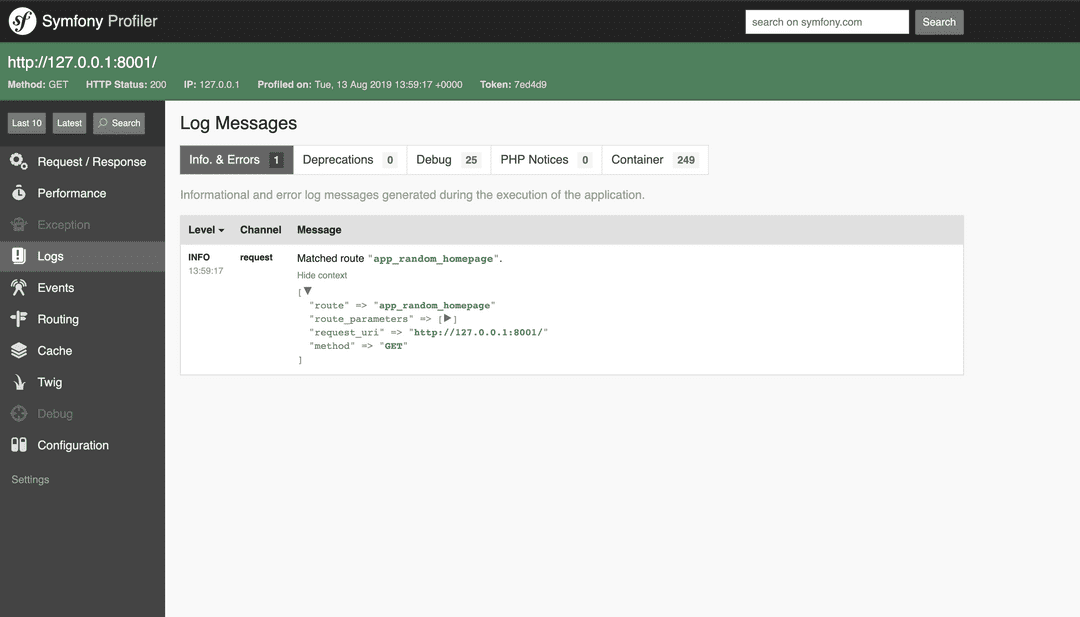 symfony logs profiler interface